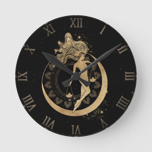 〔占星術の〕十二宮図 |宇宙金ゴールドと黒星占星術の人 ラウンド壁時計 (正面)