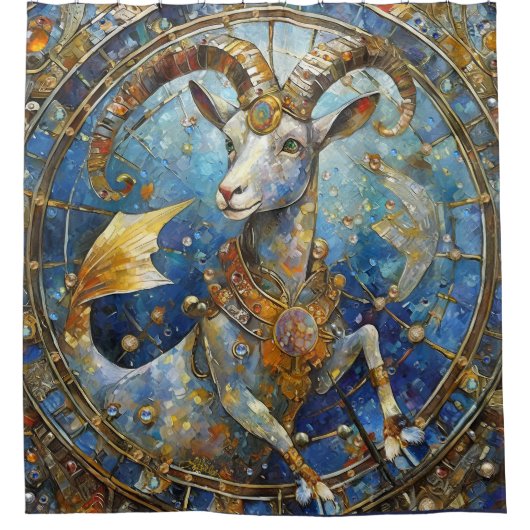 〔占星術の〕十二宮図-山羊座ザシーヤギ シャワーカーテン (正面)