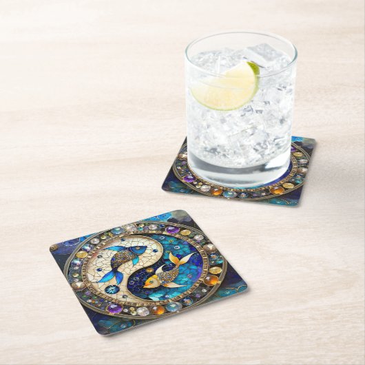 〔占星術の〕十二宮図 – 魚座フィッシュインとヤン スクエアペーパーコースター (インサイチュ)