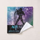 〔占星術の〕十二宮図: Aquarius Blue & Purple宇宙デザイン バスタオルセット (ウォッシュタオル)