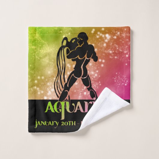 〔占星術の〕十二宮図: Aquarius Lime Green & Pink宇宙デザイン バスタオルセット (ウォッシュタオル)