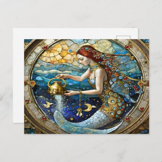 〔占星術の〕十二宮図- Aquarius The Water Bearer Mermaid ポストカード (正面/裏面)