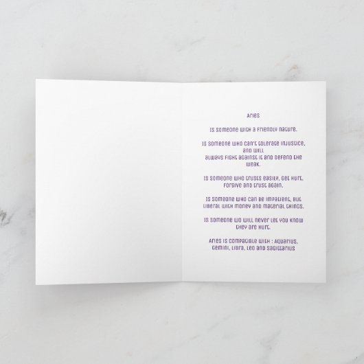 〔占星術の〕十二宮図: Aries宇宙キャンディ誕生日カード カード (内部)