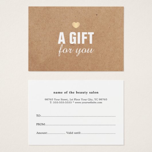 印刷されたエレガントクラフト金ゴールドハートギフト証明書 (正面&裏面)