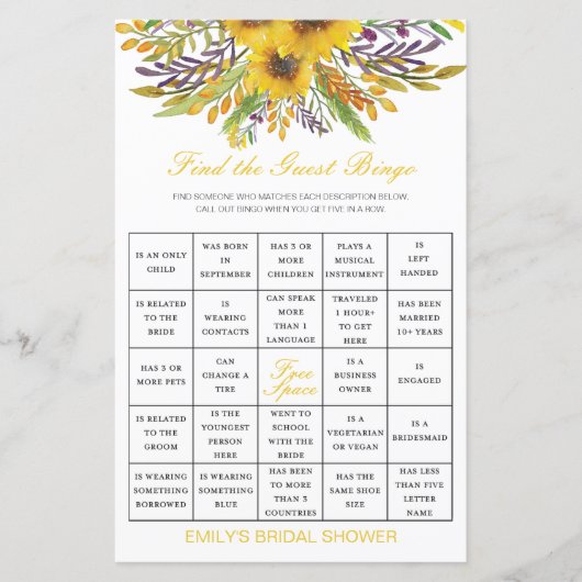 印刷されたゲストビンゴシャワーゲームを検索 (正面)