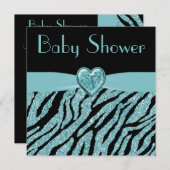 印刷されたティール（緑がかった色）のハート及びシマウマのグリッターのベビーシャワー 招待状 (正面/裏面)