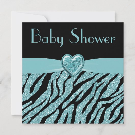 印刷されたティール（緑がかった色）のハート及びシマウマのグリッターのベビーシャワー 招待状 (正面)