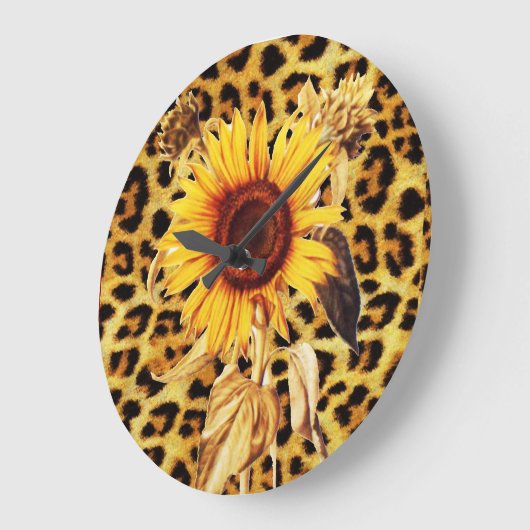 印刷されたヒョウの毛皮とヒマワリ ラージ壁時計 (傾斜)