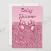 印刷されたピンクのスパンコールおよび弓女の子のベビーシャワー 招待状 (正面)