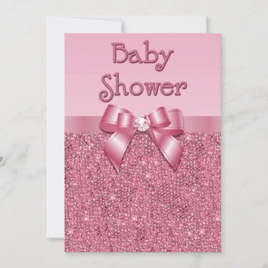 印刷されたピンクのスパンコールおよび弓女の子のベビーシャワー 招待状 (正面)