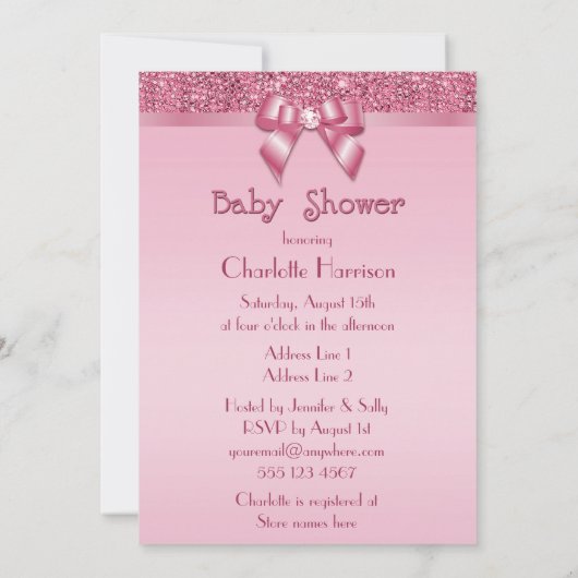 印刷されたピンクのスパンコールおよび弓女の子のベビーシャワー 招待状 (裏面)
