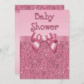 印刷されたピンクのスパンコールおよび弓女の子のベビーシャワー 招待状 (正面/裏面)