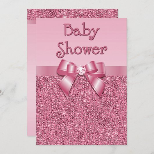 印刷されたピンクのスパンコールおよび弓女の子のベビーシャワー 招待状 (正面/裏面)