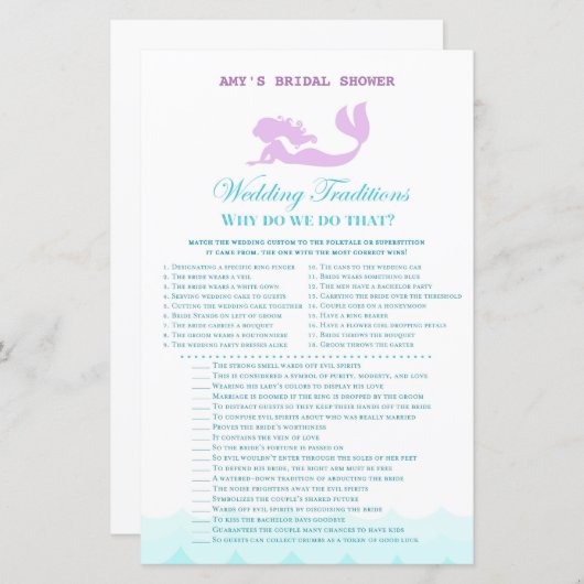 印刷されたマーメイドブライダルシャワーゲーム，ウェディングシャワー (正面/裏面)