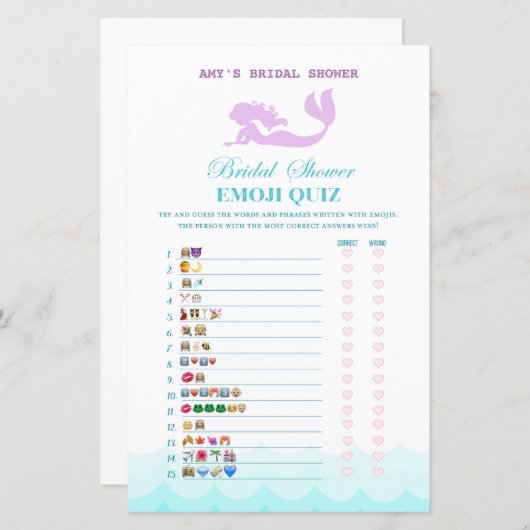 印刷されたマーメイドブライダルシャワーゲーム，ウェディングシャワー (正面/裏面)