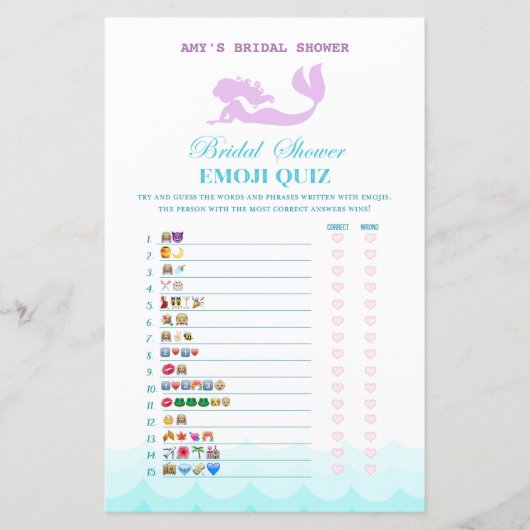 印刷されたマーメイドブライダルシャワーゲーム，ウェディングシャワー (正面)