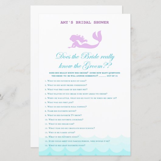 印刷されたマーメイドブライダルシャワーゲーム，ウェディングシャワー (正面/裏面)