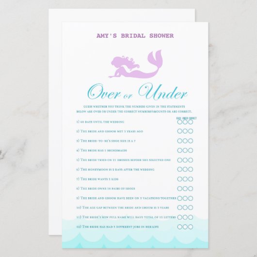 印刷されたマーメイドブライダルシャワーゲーム，ウェディングシャワー (正面/裏面)