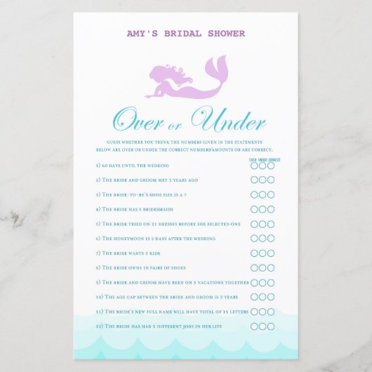 印刷されたマーメイドブライダルシャワーゲーム，ウェディングシャワー (正面)