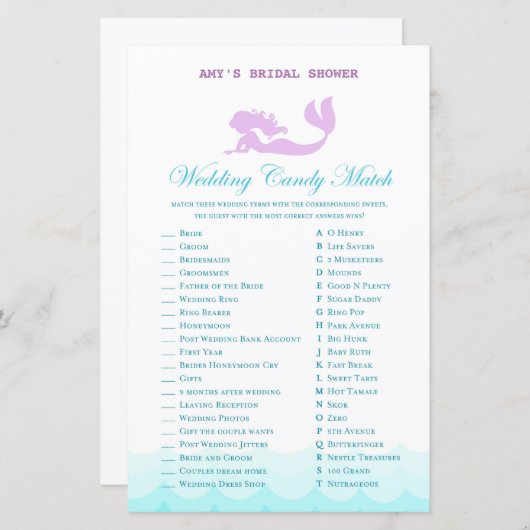 印刷されたマーメイドブライダルシャワーゲーム，ウェディングシャワー (正面/裏面)