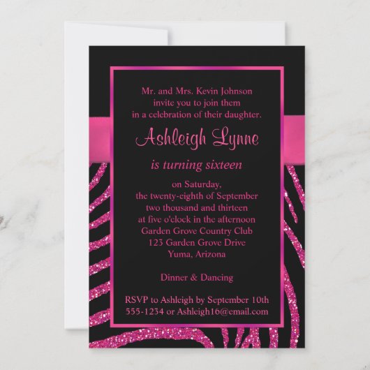 印刷されたリボンのシマウマの第16誕生日の招待状 招待状 (裏面)