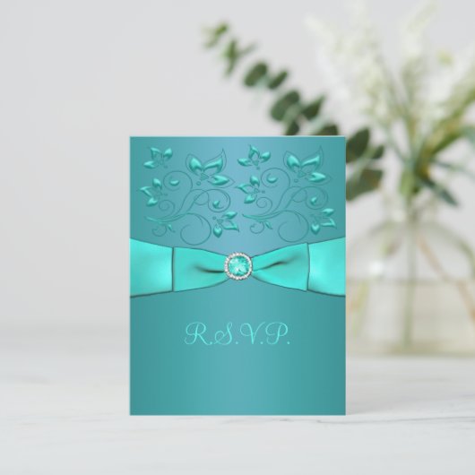 印刷されたリボンのティール(緑がかった色)、水の花柄IIの応答カード 出欠カード (スタンド正面)