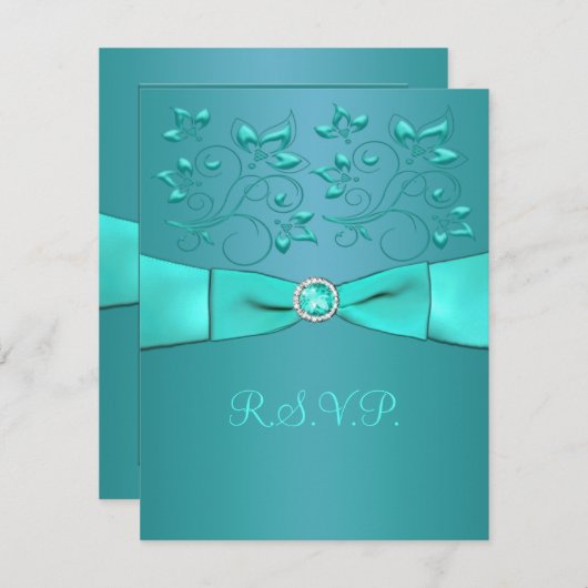 印刷されたリボンのティール(緑がかった色)、水の花柄IIの応答カード 出欠カード (正面/裏面)