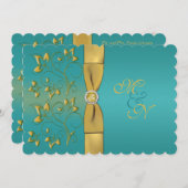 印刷されたリボンのティール(緑がかった色)、金ゴールドの花のモノグラムの招待 招待状 (正面/裏面)