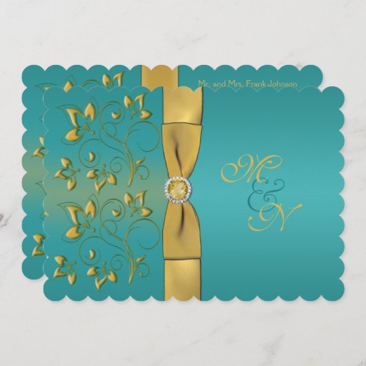 印刷されたリボンのティール（緑がかった色）、金ゴールドの花のモノグラムの招待 招待状 (正面/裏面)