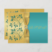 印刷されたリボンのティール(緑がかった色)、金ゴールドの花の応答カード 出欠カード (正面/裏面)