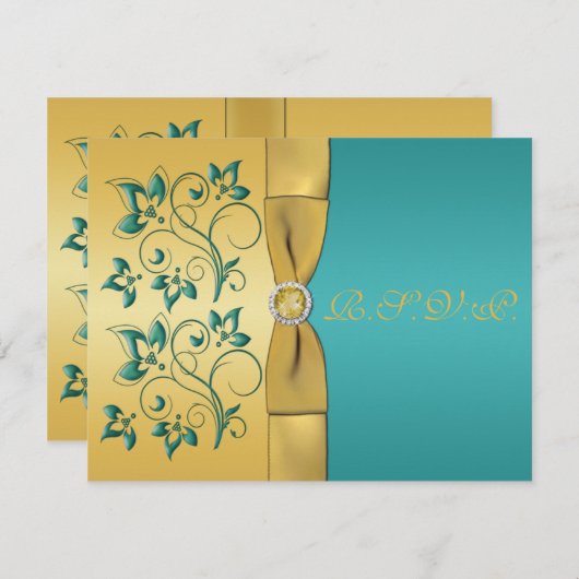 印刷されたリボンのティール（緑がかった色）、金ゴールドの花の応答カード 出欠カード (正面/裏面)