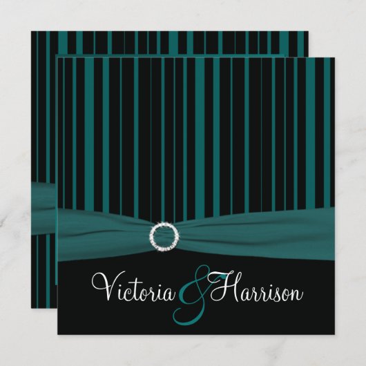 印刷されたリボンのティール（緑がかった色）、黒くストライプのな結婚式の招待 招待状 (正面/裏面)
