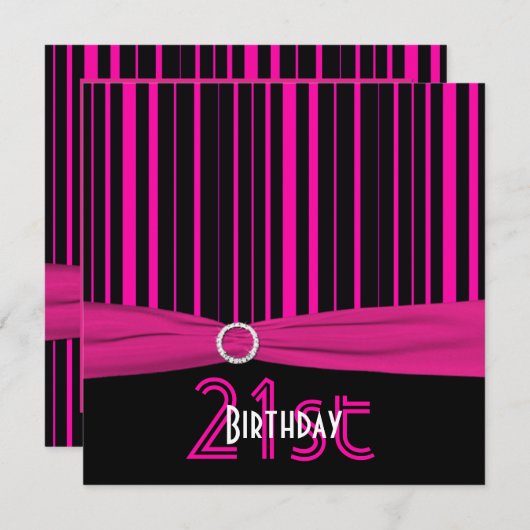 印刷されたリボンのピンクおよび黒のストライプの第21誕生日 招待状 (正面/裏面)