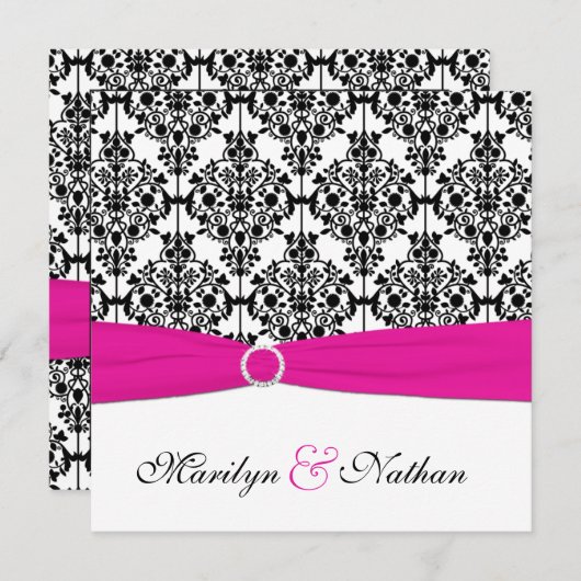 印刷されたリボンのピンクの白く黒いダマスク織の結婚式 招待状 (正面/裏面)