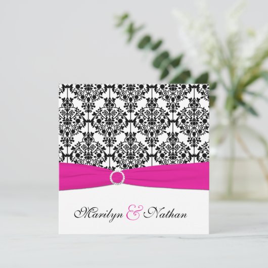 印刷されたリボンのピンクの白く黒いダマスク織の結婚式 招待状 (スタンド正面)