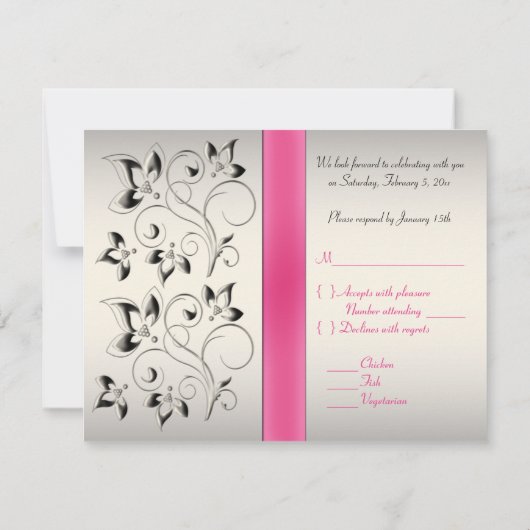 印刷されたリボンのピンクの黒の銀の花の応答カード 出欠カード (裏面)