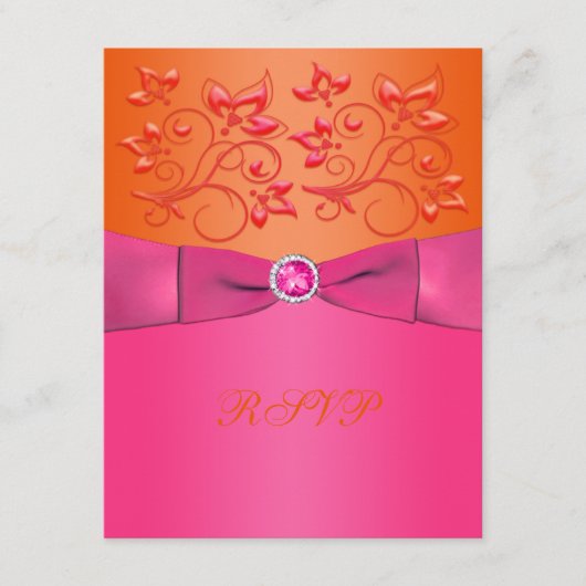 印刷されたリボンのピンク、オレンジ花の応答カード 出欠カード (正面)