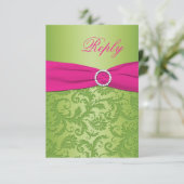 印刷されたリボンのピンク、緑のダマスク織の応答カード 出欠カード (スタンド正面)