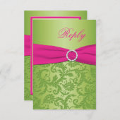 印刷されたリボンのピンク、緑のダマスク織の応答カード 出欠カード (正面/裏面)