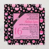 印刷されたリボンのピンク、黒い点の菓子16の招待 招待状 (正面/裏面)