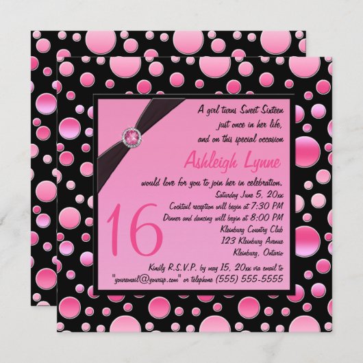 印刷されたリボンのピンク、黒い点の菓子16の招待 招待状 (正面/裏面)