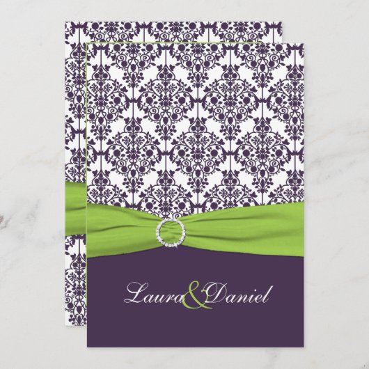 印刷されたリボンのライム、紫色のダマスク織の結婚式の招待 招待状 (正面/裏面)