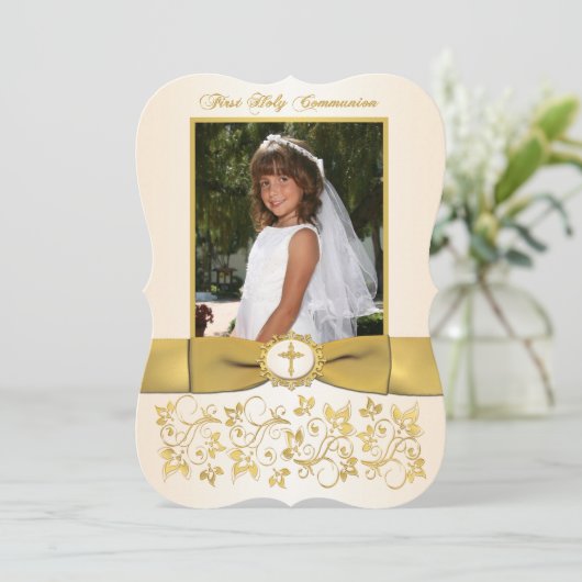 印刷されたリボンの形ファンシー状の聖餐式の写真 招待状 (スタンド正面)