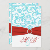 印刷されたリボンの水の赤く白いダマスク織の招待 招待状 (正面/裏面)