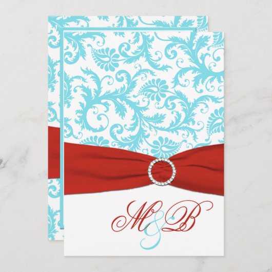 印刷されたリボンの水の赤く白いダマスク織の招待 招待状 (正面/裏面)