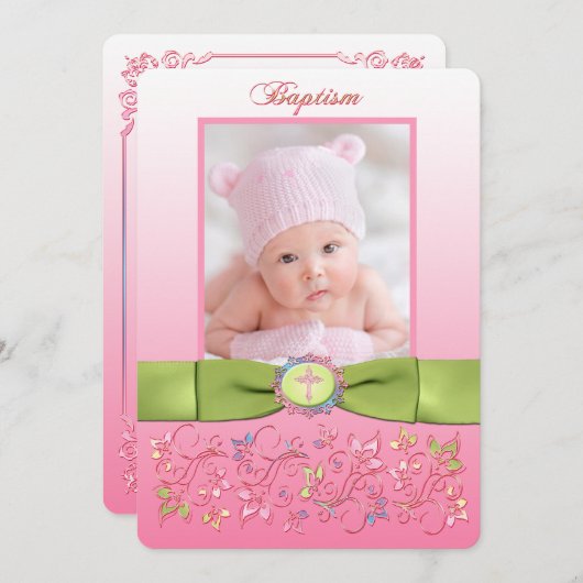 印刷されたリボンの洗礼の写真の招待状-女の子 招待状 (正面/裏面)