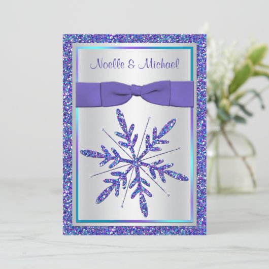 印刷されたリボンの紫色の水の銀製結婚式の招待 招待状 (スタンド正面)