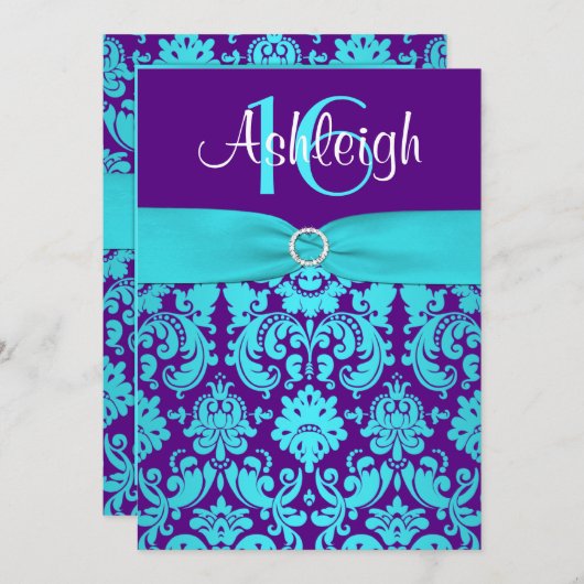 印刷されたリボンの紫色、水の第16誕生日の招待2 招待状 (正面/裏面)