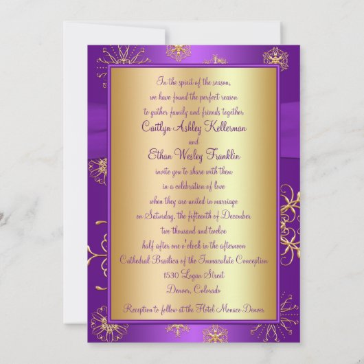 印刷されたリボンの紫色、金ゴールドの結婚式招待状 招待状 (裏面)