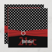印刷されたリボンの赤く黒い水玉模様の第21誕生日 招待状 (正面/裏面)